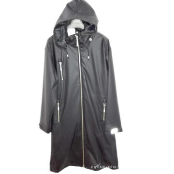 Black Hooded Solid Waterproof PU Raincoat